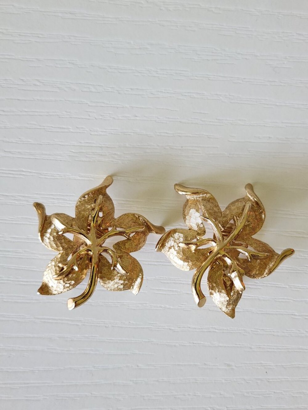 Vintage Monet Gold Tone Floral Leaf Clip On Earrings Textured Statement